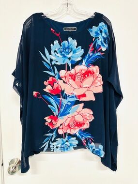 Melanie Lyne Navy Floral Sheer Overlay Top Size 14 Flowy Resort Cruisewear
